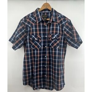 High Noon Western Pearl Snap Shirt Large Short Sleeved Plaid Poly Cotton Blend
